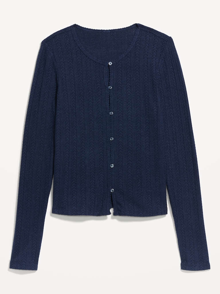 Long-Sleeve Button-Front Pointelle Top