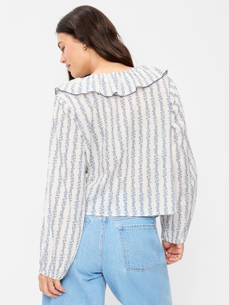 Long-Sleeve Ruffle Tie-Neck Top
