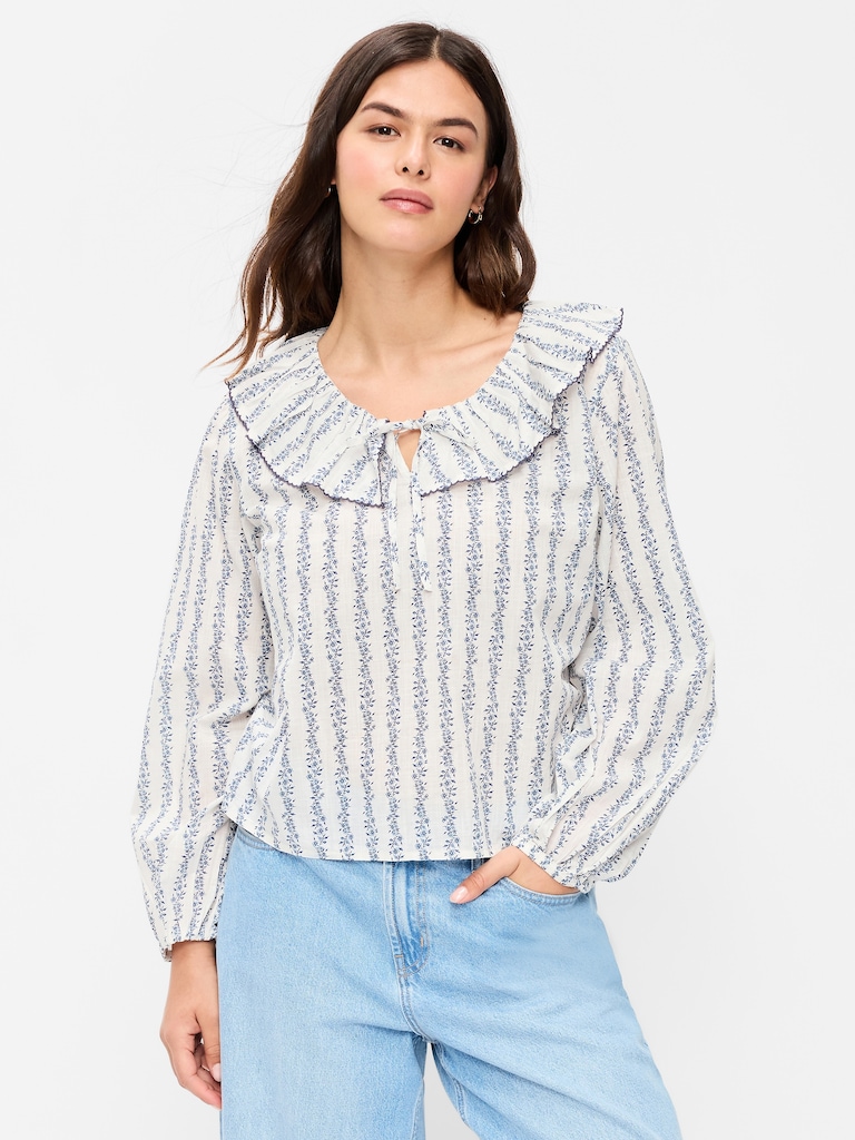 Long-Sleeve Ruffle Tie-Neck Top