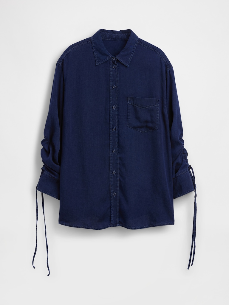 Denim Oversized Ruched-Sleeve Shirt
