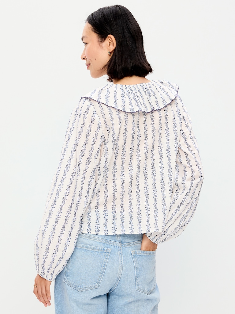 Long-Sleeve Ruffle Tie-Neck Top