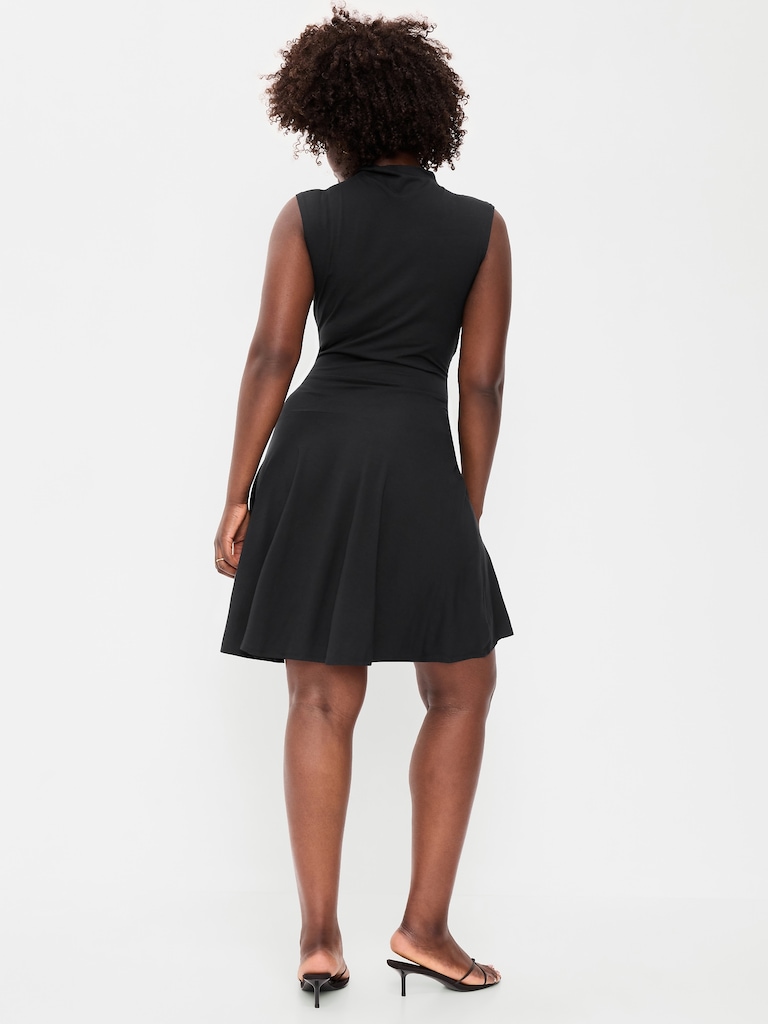 Gathered Mock-Neck Drop-Waist Mini Dress