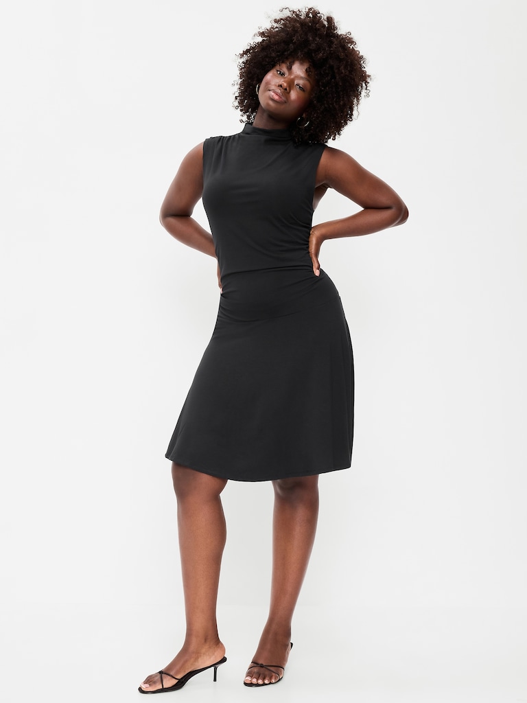 Gathered Mock-Neck Drop-Waist Mini Dress