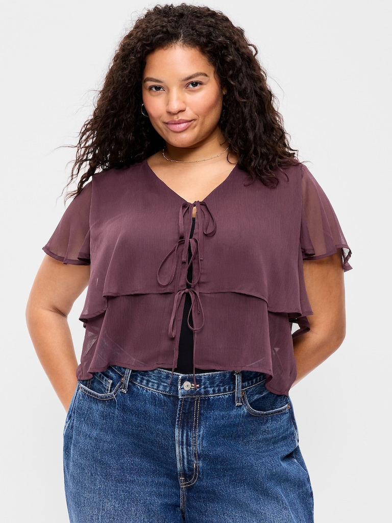 Chiffon Tie-Front Flutter-Sleeve Top