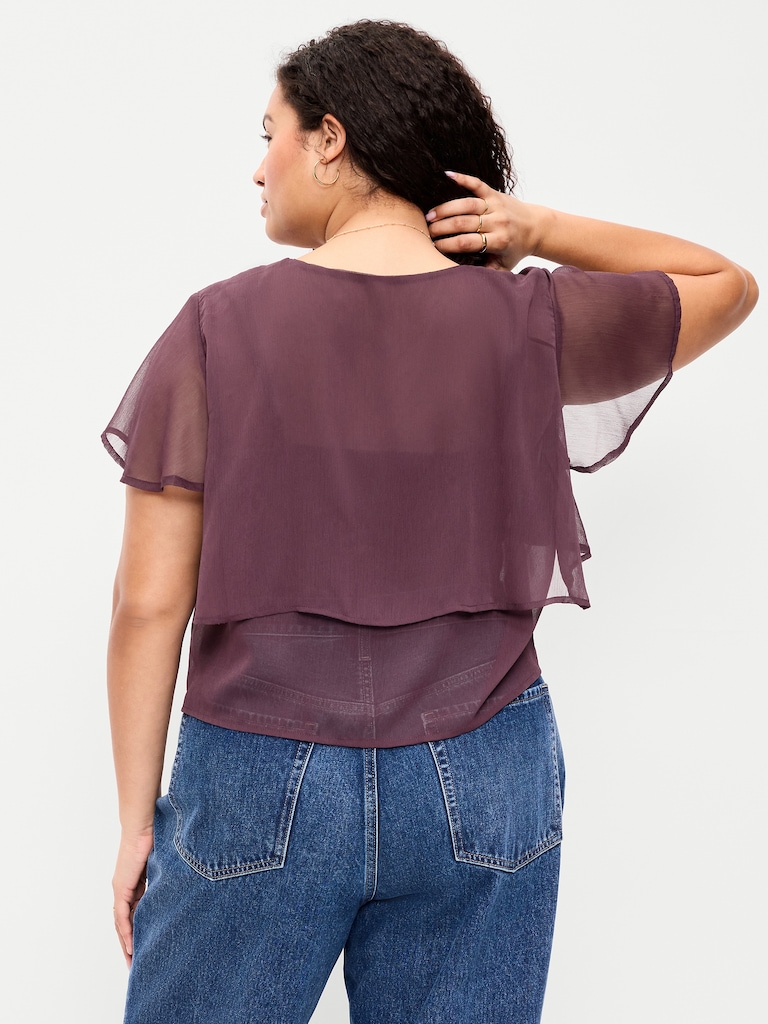 Chiffon Tie-Front Flutter-Sleeve Top