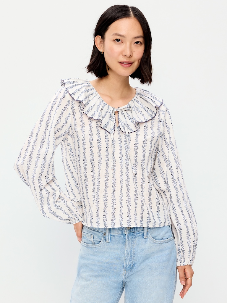 Long-Sleeve Ruffle Tie-Neck Top