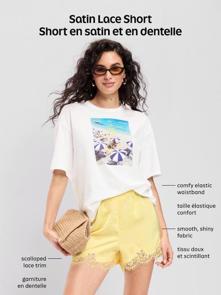 High-Waisted Lace-Trim Satin Shorts