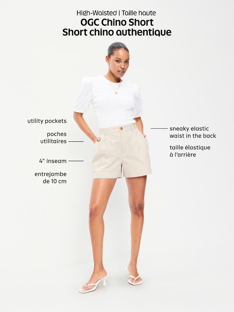 Short chino authentique à taille haute, entrejambe de 4 cm