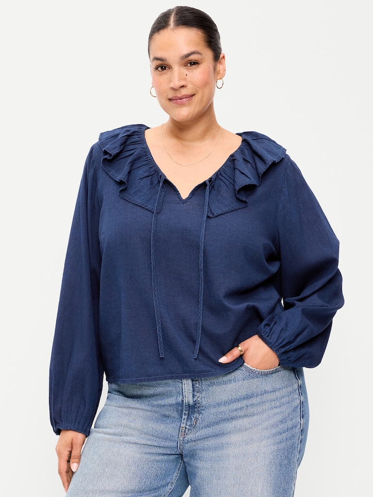 Long-Sleeve Ruffle Tie-Neck Top
