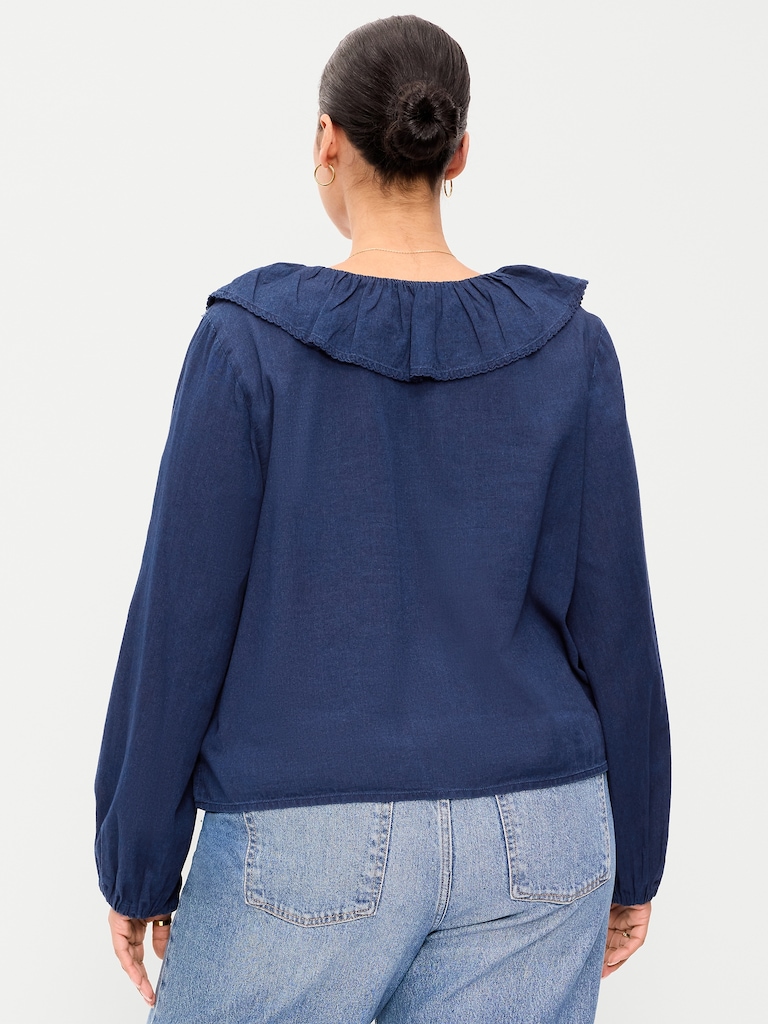 Long-Sleeve Ruffle Tie-Neck Top