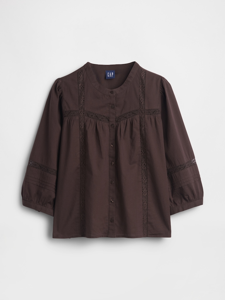 Oversized Lace-Trim Button-Front Swing Top