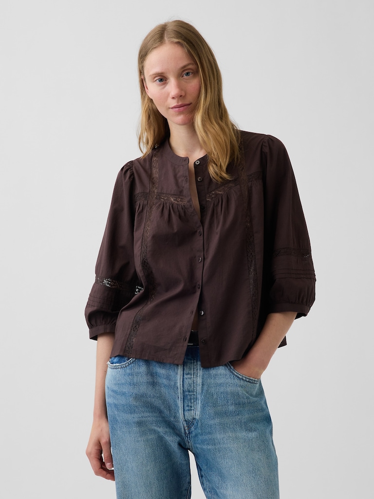 Oversized Lace-Trim Button-Front Swing Top