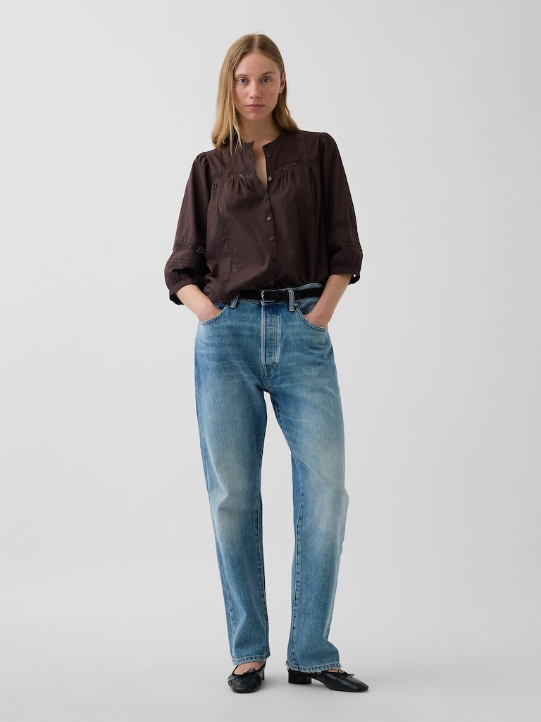 Oversized Lace-Trim Button-Front Swing Top