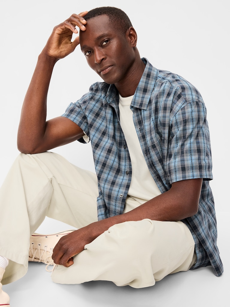 Loose Fit Textured Plaid Pocket Shirt