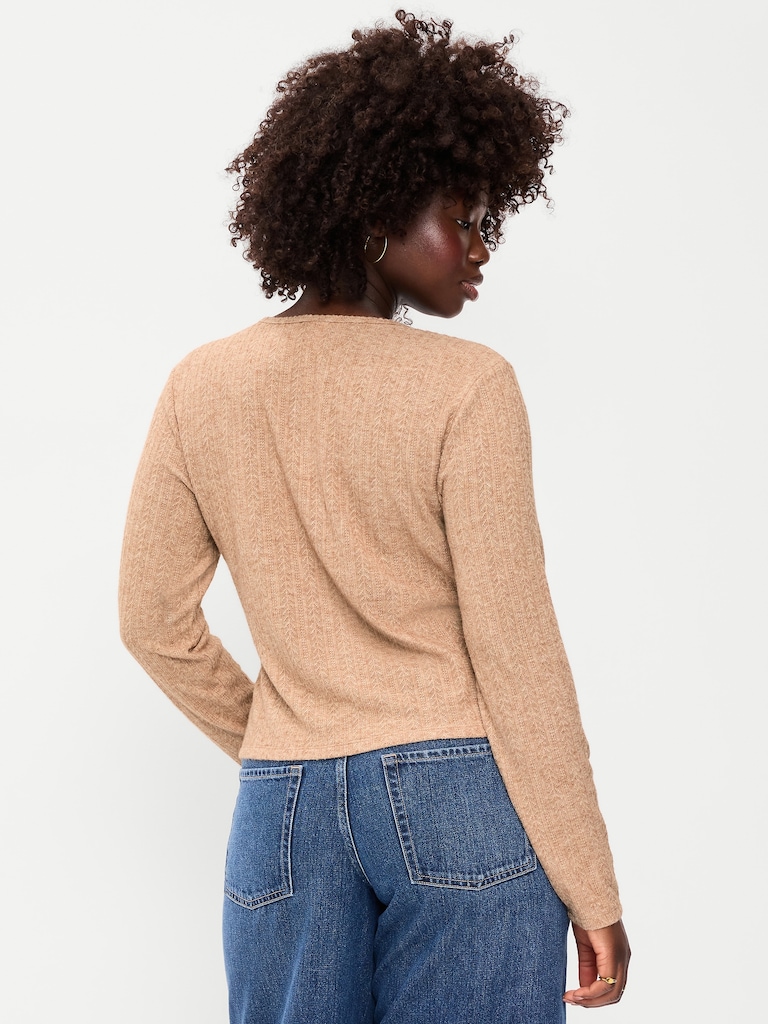 Long-Sleeve Button-Front Pointelle Top