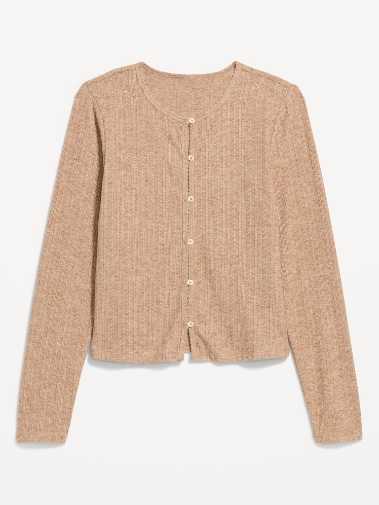 Long-Sleeve Button-Front Pointelle Top