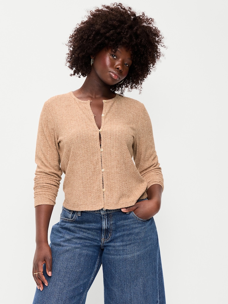 Long-Sleeve Button-Front Pointelle Top