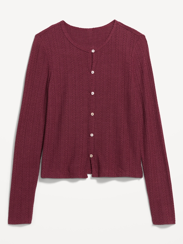Long-Sleeve Button-Front Pointelle Top