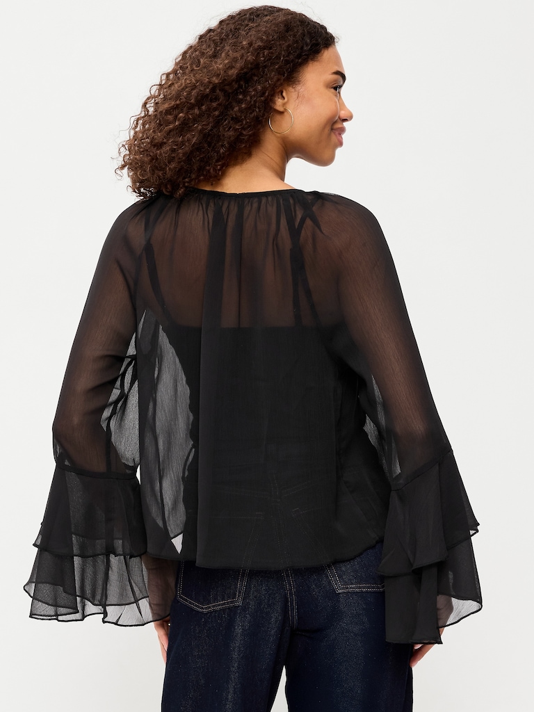 Drapey Chiffon Bell-Sleeve Top