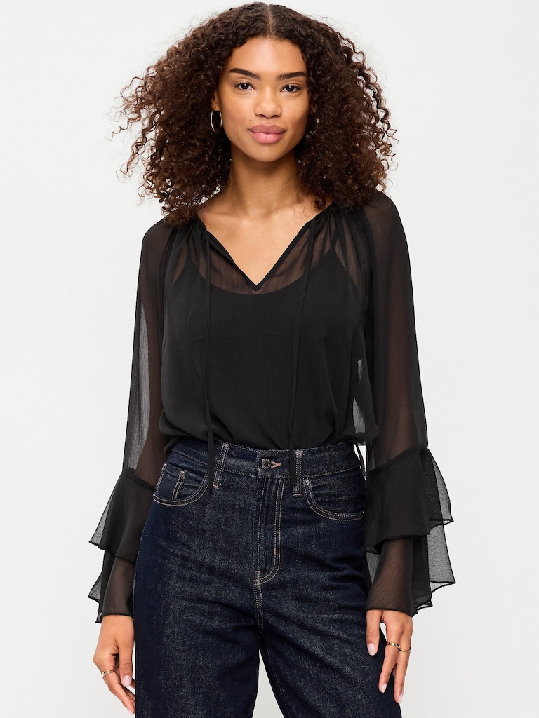 Drapey Chiffon Bell-Sleeve Top