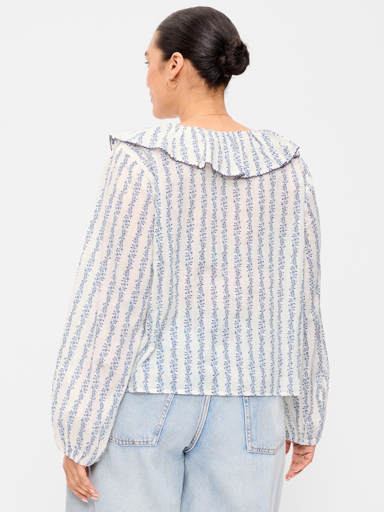 Long-Sleeve Ruffle Tie-Neck Top