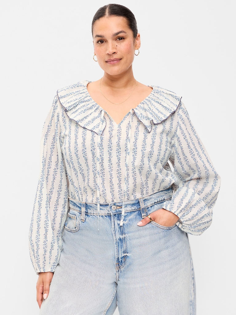 Long-Sleeve Ruffle Tie-Neck Top