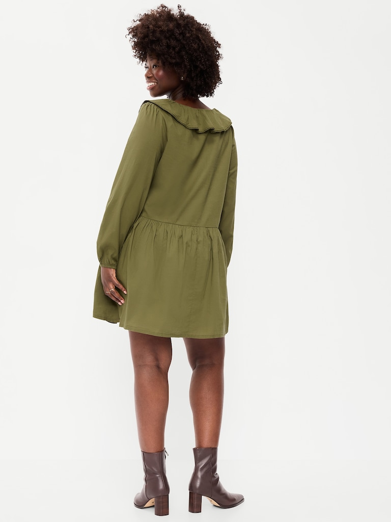 Long-Sleeve Ruffle-Collar Swing Mini Dress