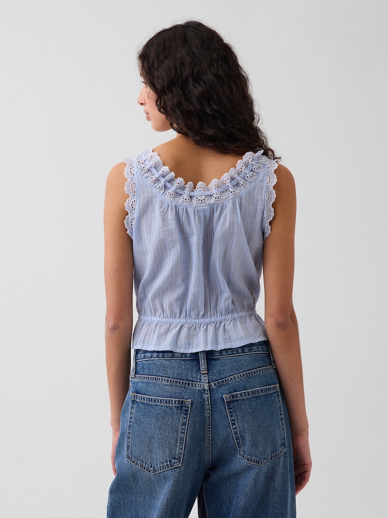 Eyelet Tie-Front Crop Peplum Top