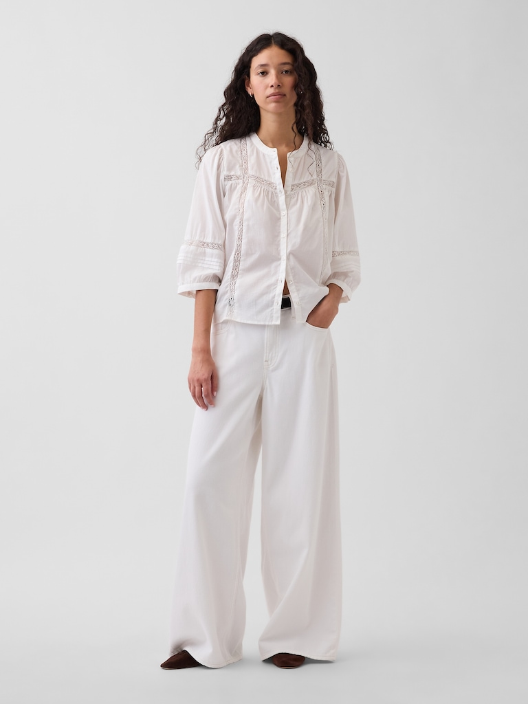 Oversized Lace-Trim Button-Front Swing Top