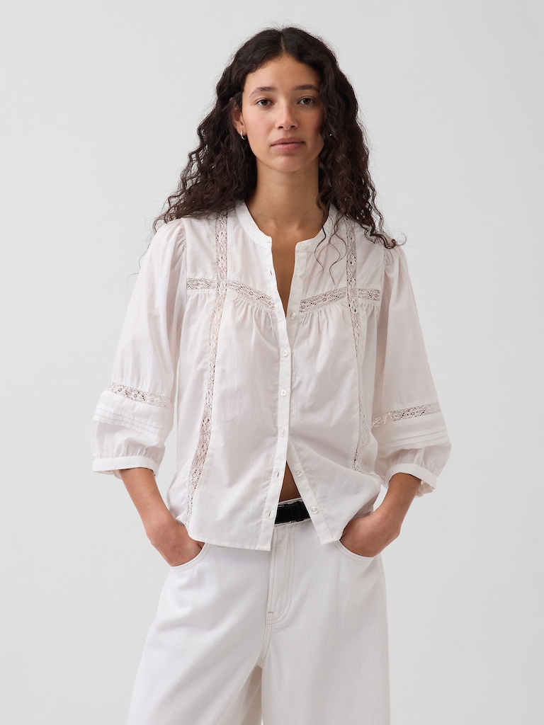 Oversized Lace-Trim Button-Front Swing Top
