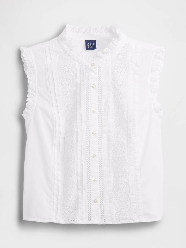 Lace-Trim Pintuck Button-Front Top