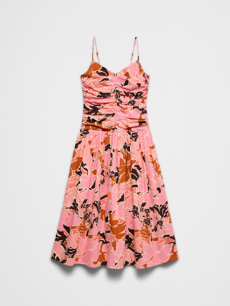 Linen-Blend Strappy Ruched-Bodice Maxi Dress