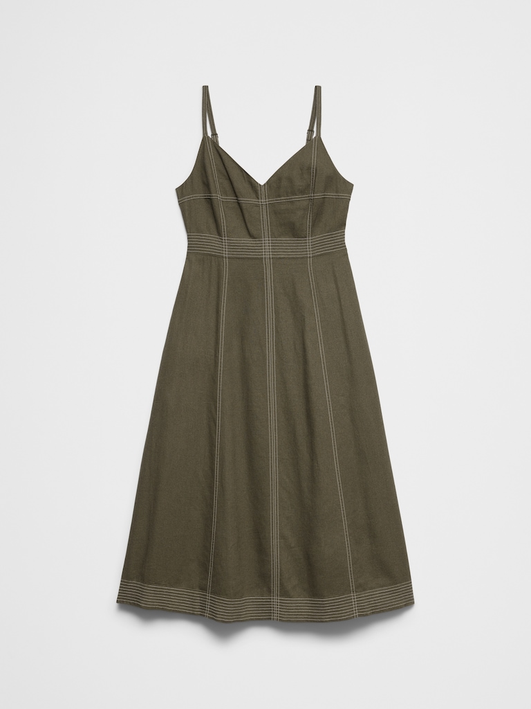 Linen-Blend Contrast Stitch Midi Dress