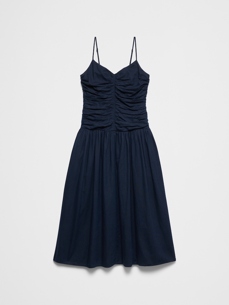 Linen-Blend Strappy Ruched-Bodice Maxi Dress
