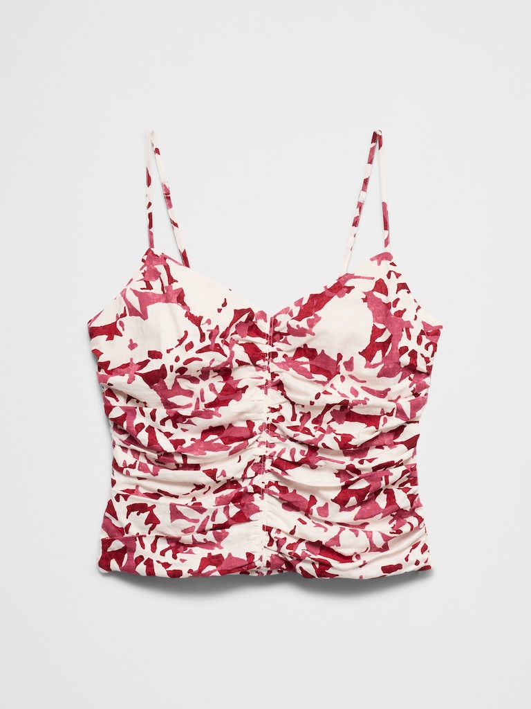 Linen-Blend Strappy Ruched Top