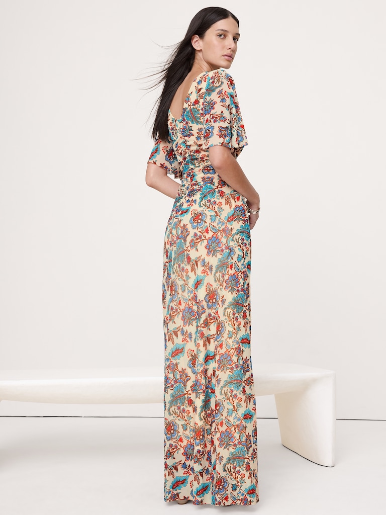 Mesh Flutter-Sleeve Maxi Dress