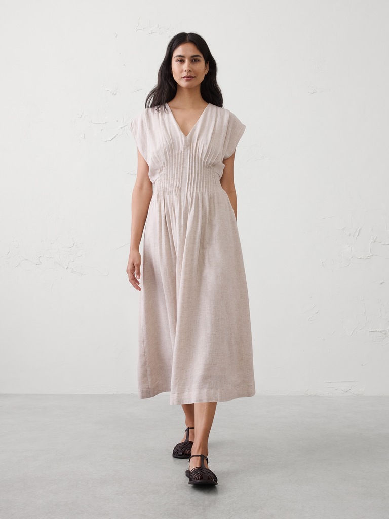 Linen-Blend Pleated-Waist Midi Dress