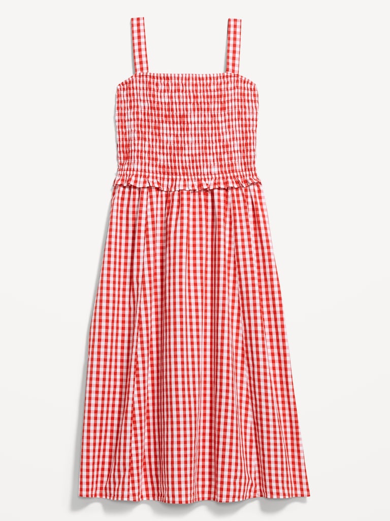 Robe mi-longue ajustée et évasée à corsage smocké