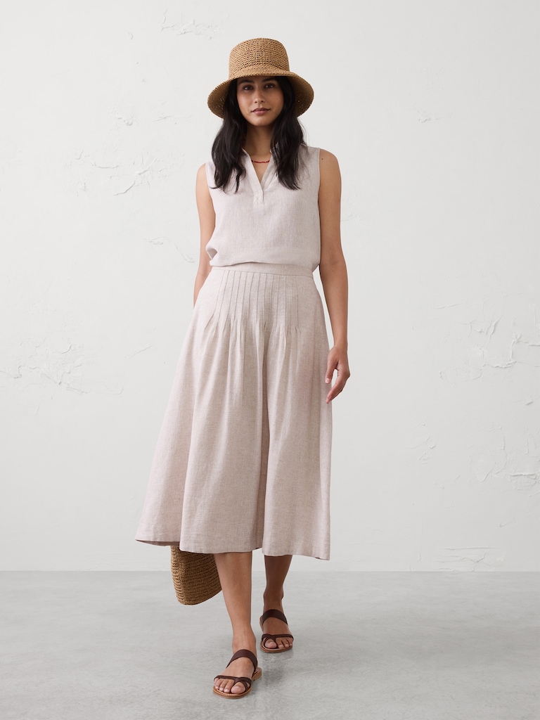 Linen-Blend Pintuck Midi Skirt