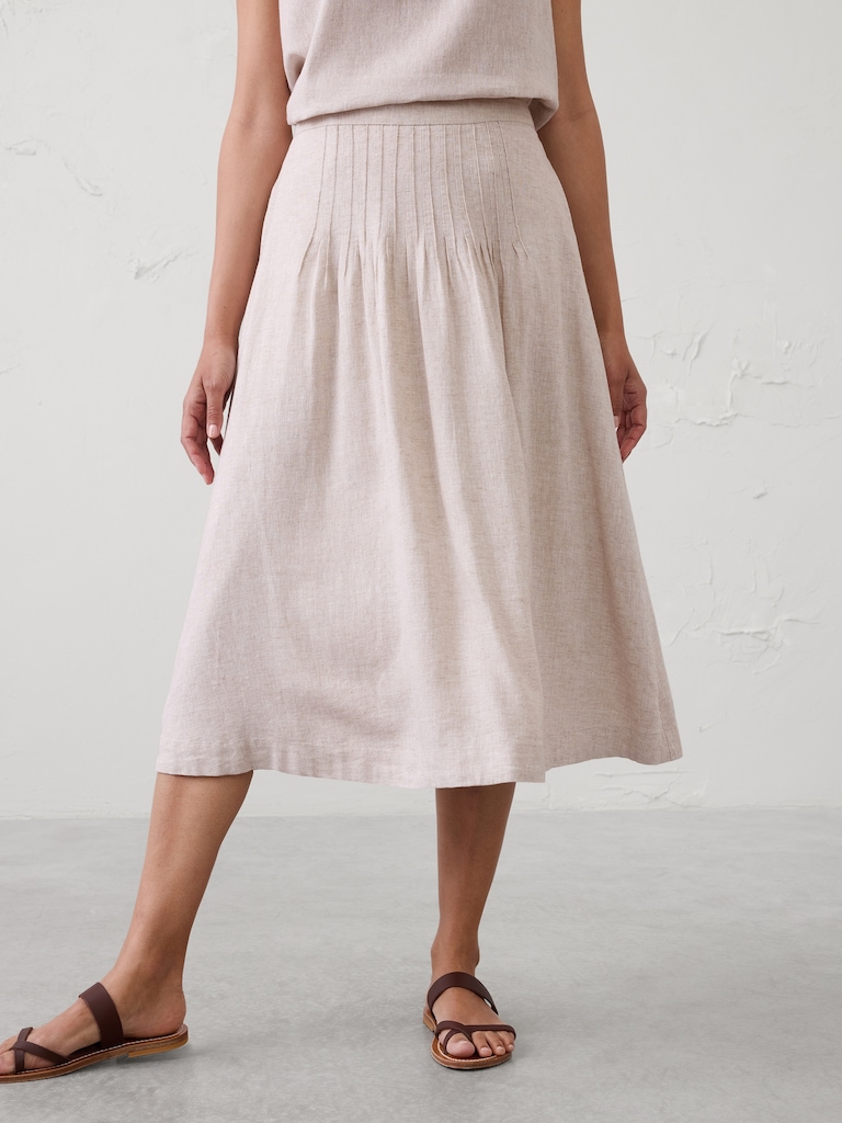 Linen-Blend Pintuck Midi Skirt