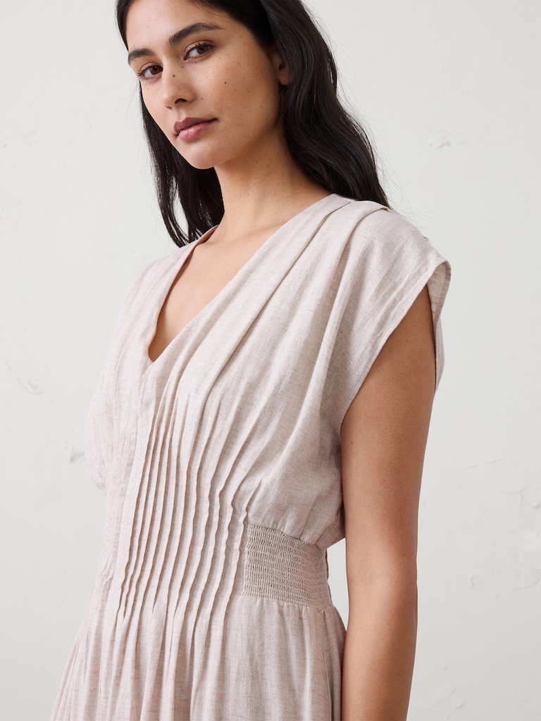 Linen-Blend Pleated-Waist Midi Dress