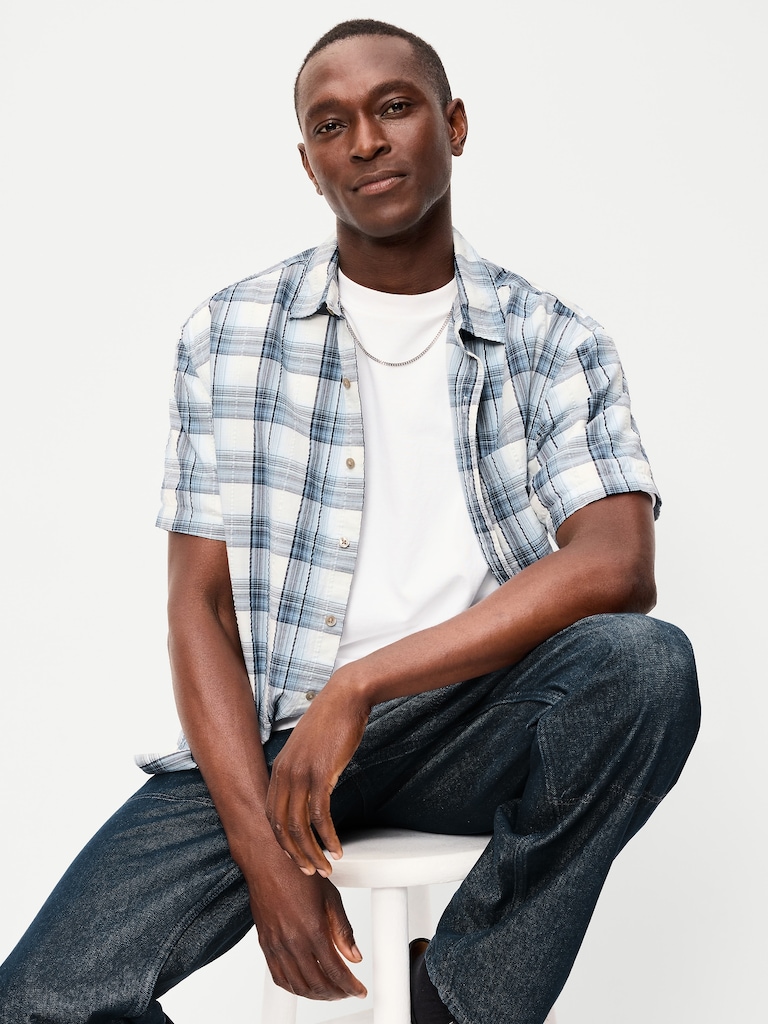 Loose Fit Textured Plaid Pocket Shirt