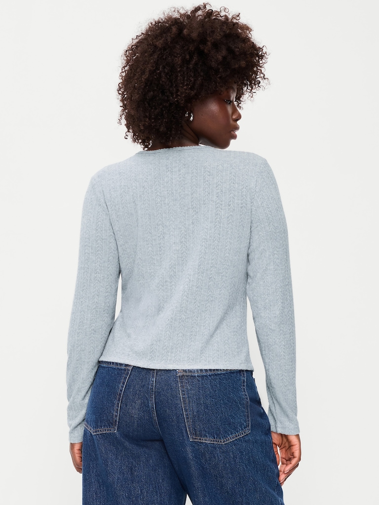 Long-Sleeve Button-Front Pointelle Top