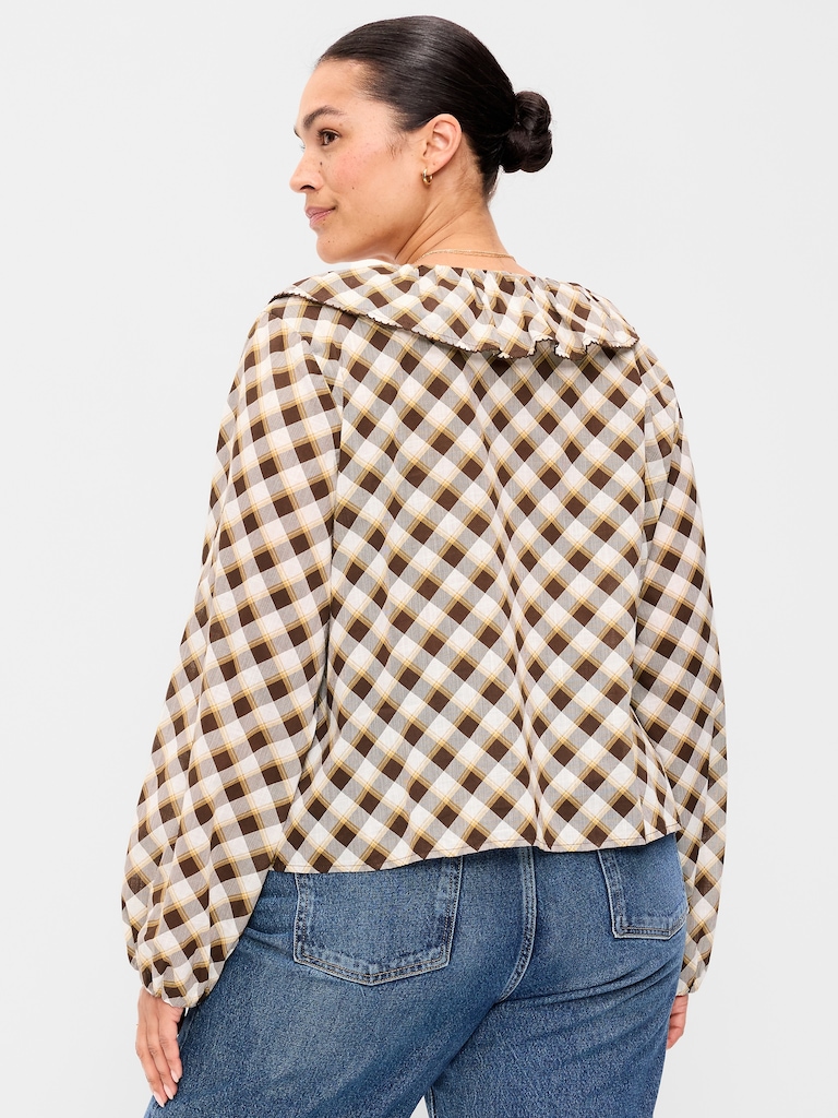 Long-Sleeve Ruffle Tie-Neck Top