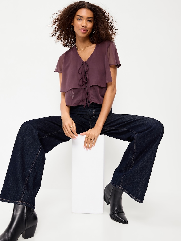 Chiffon Tie-Front Flutter-Sleeve Top