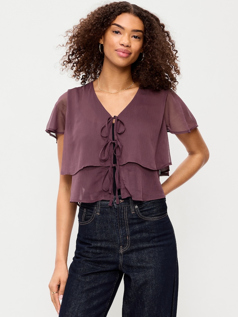 Chiffon Tie-Front Flutter-Sleeve Top