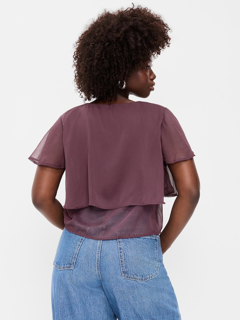 Chiffon Tie-Front Flutter-Sleeve Top