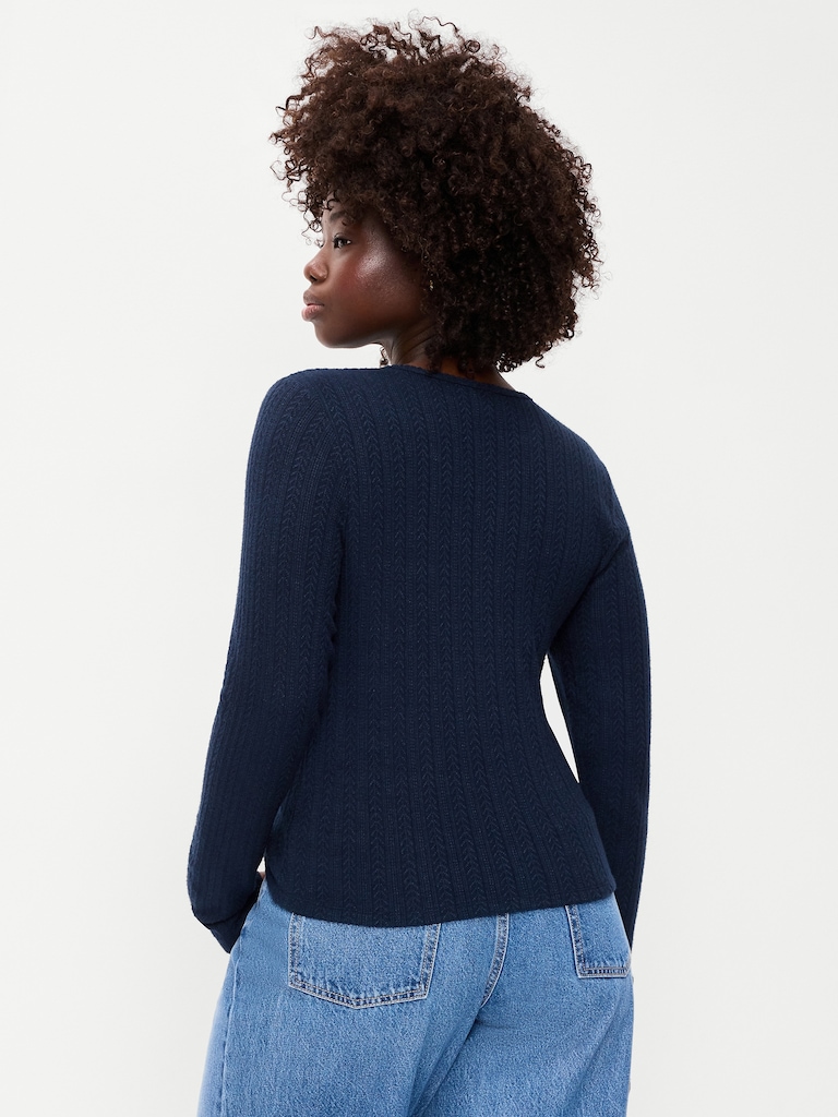 Long-Sleeve Button-Front Pointelle Top