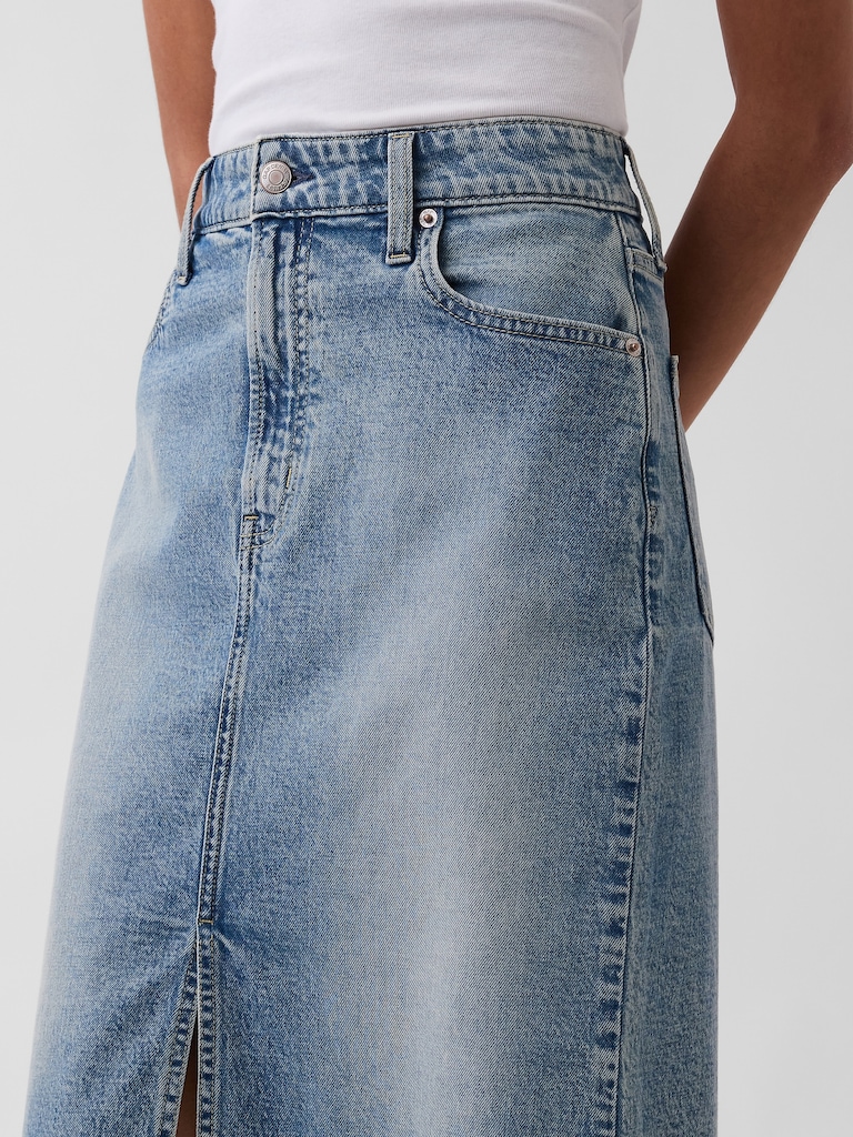 High Rise Denim Midi Pencil Skirt