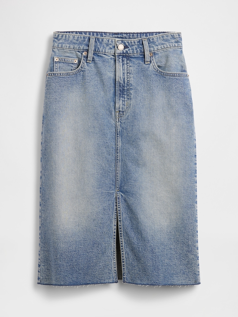 High Rise Denim Midi Pencil Skirt